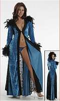 DI-L0707VSQ-Blue 7 Panel Victorian Velvet Hooded Coat with Feath